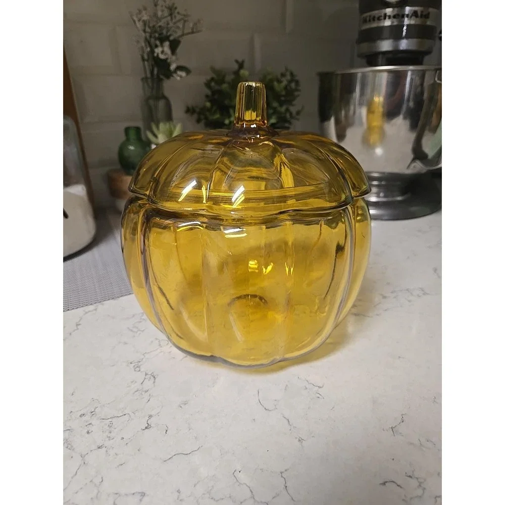 Vintage Anchor Hocking Amber Glass Pumpkin‎ Pantry Jar Cookies Candy  EUC